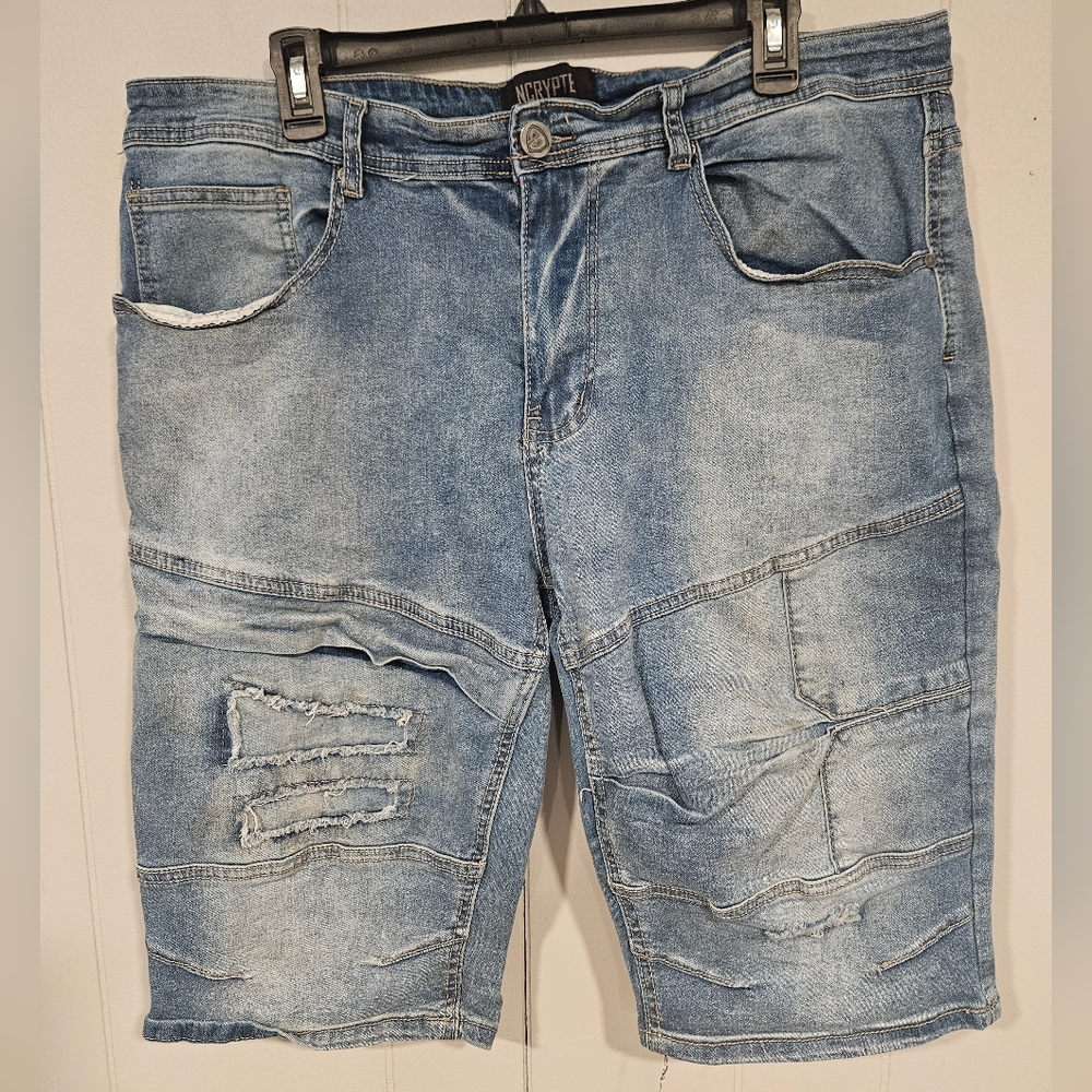 Encrypted Men's Stretch Denim Shorts 40 Blue Distressed Hip-Hop Thrashed Ripped